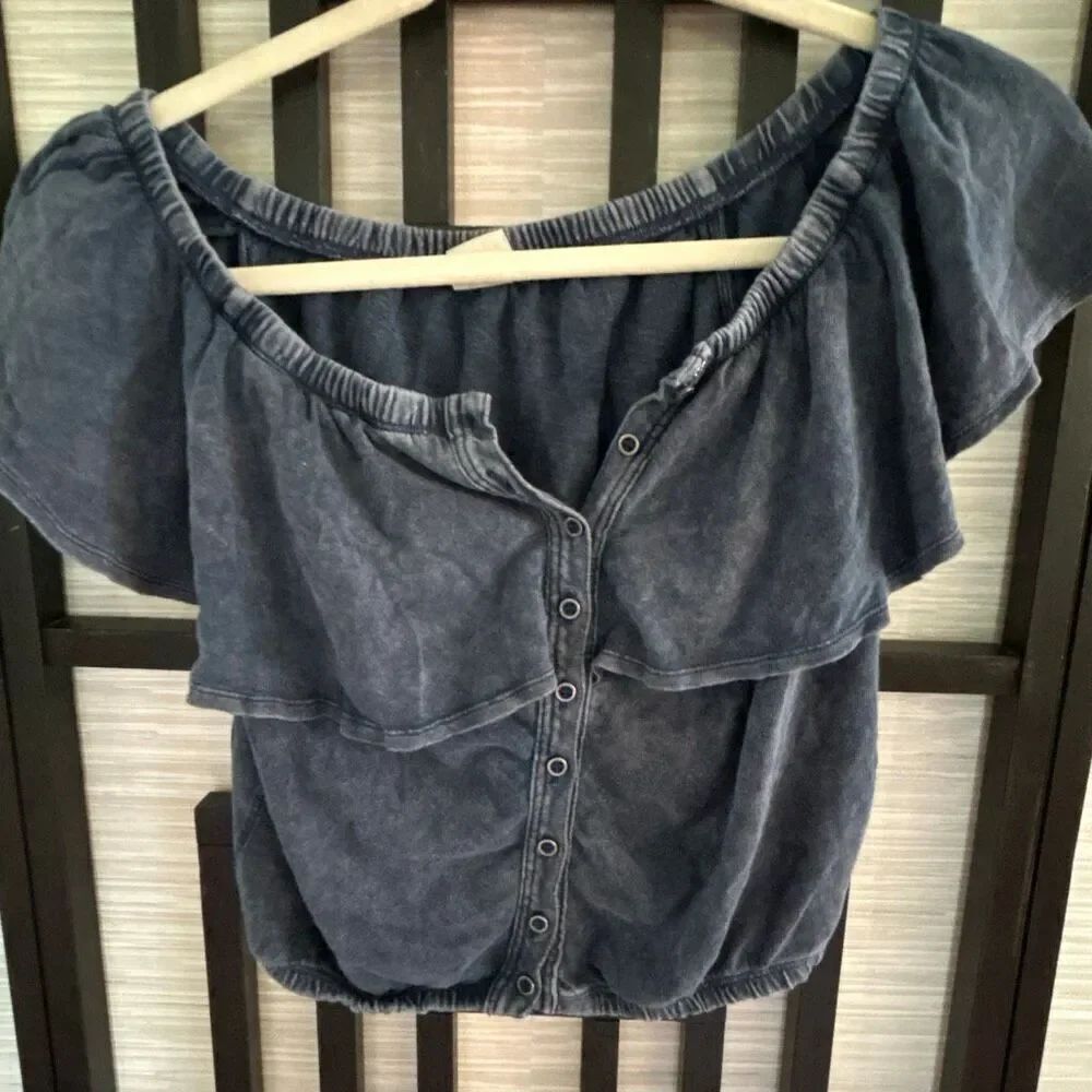 We the free Free People denim blue distressed looking off the shoulder knit top